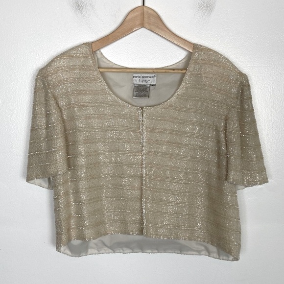 Papell Boutique Evening Silk Size XL Ivory Beaded Sequin Short Sleeves Jacket - Picture 1 of 10